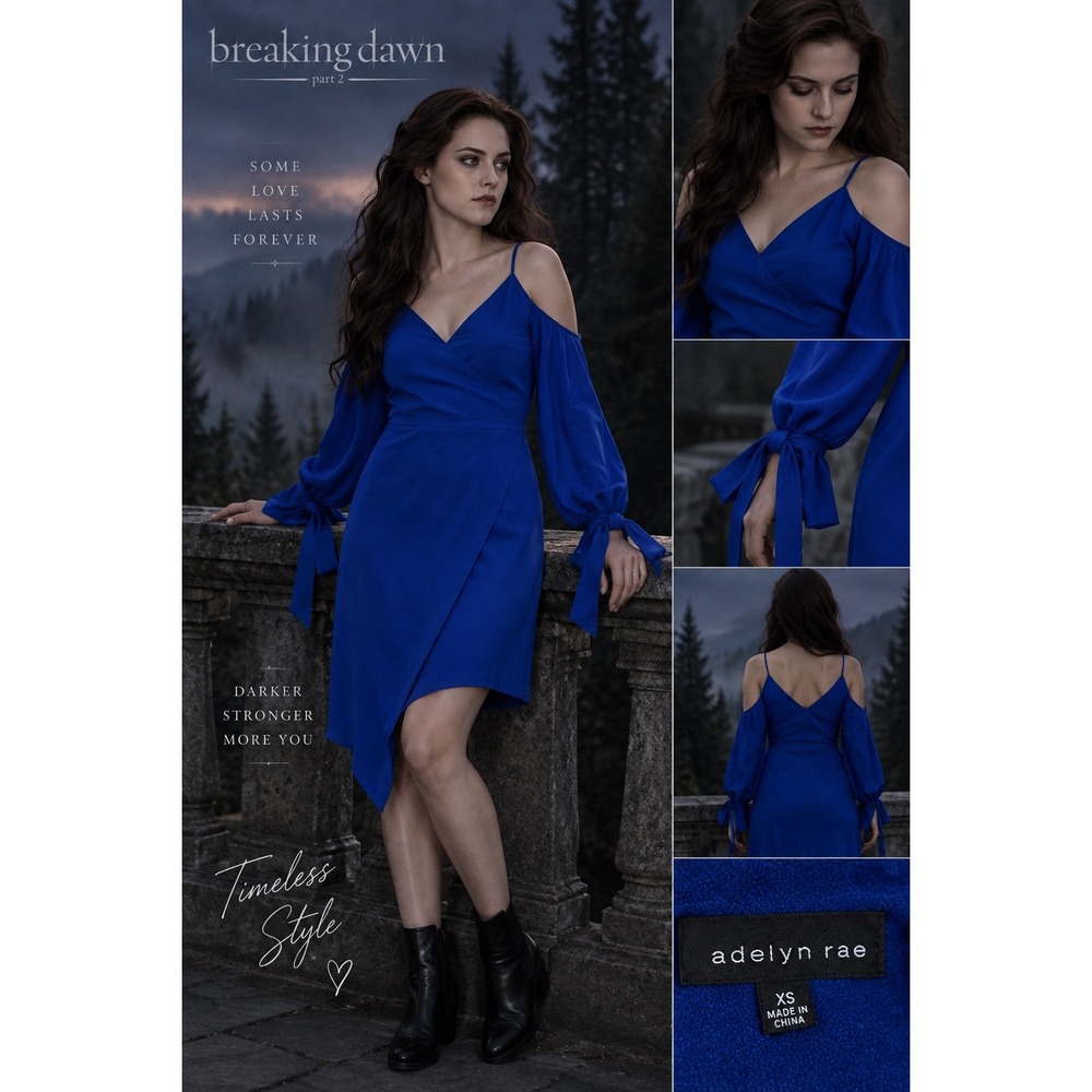 Adelyn Rae Royal Blue Cold Shoulder Satin Wrap Mini Dress Tie Cuff XS